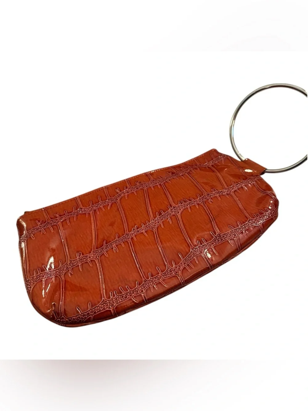 CHATEAU Vintage Y2K Wristlet Orange Croc-Embossed Ring Handle Flower Accent
